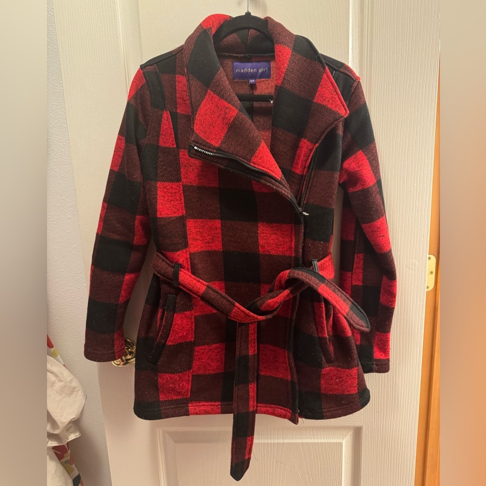 Madden Girl Women's Checkered Trench Coat in Red and Black